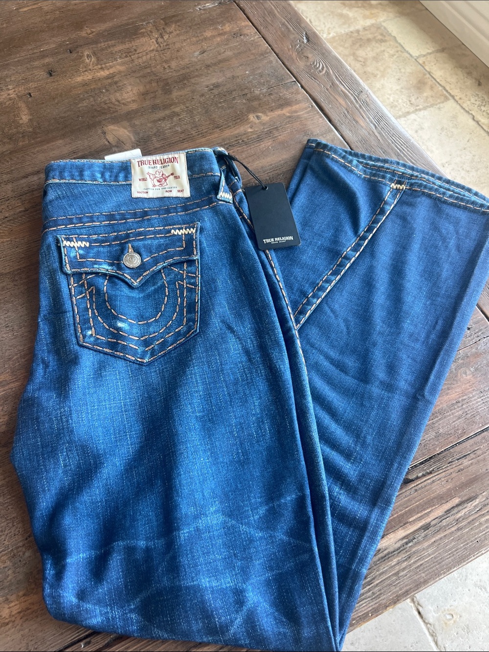 True Religion Women’s Blue Bootcut Jeans with Contrast Stitching soft stretchy